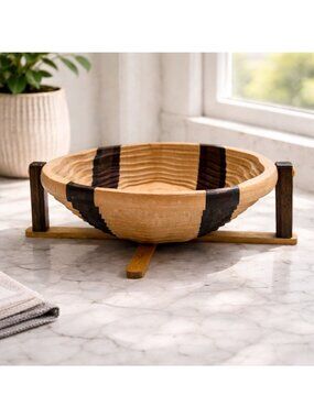 Handcrafted Wooden Collapsible Bowl With Dark Wood Accents And Stand By Dan Lawy